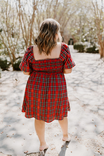 Red Plaid Square Neck Puff Sleeve Dress