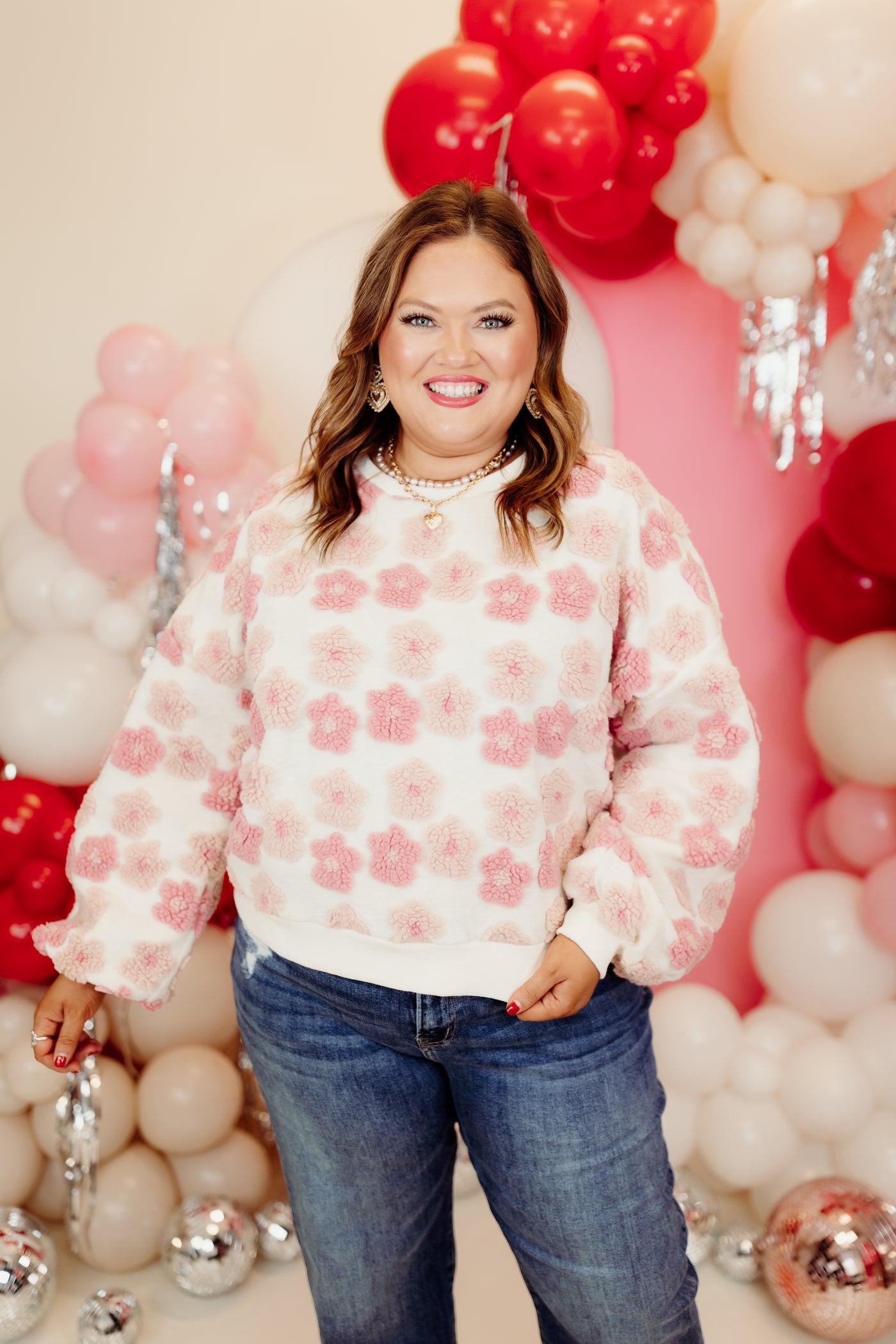 Pink and Blush Sherpa Floral Jacquard Pullover