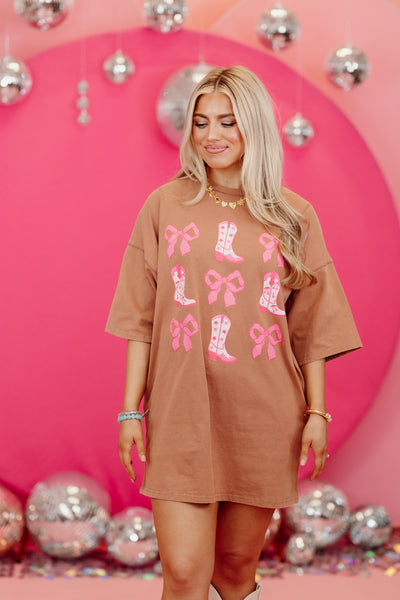 Brown Acid Wash Boots & Bows T-Shirt Dress