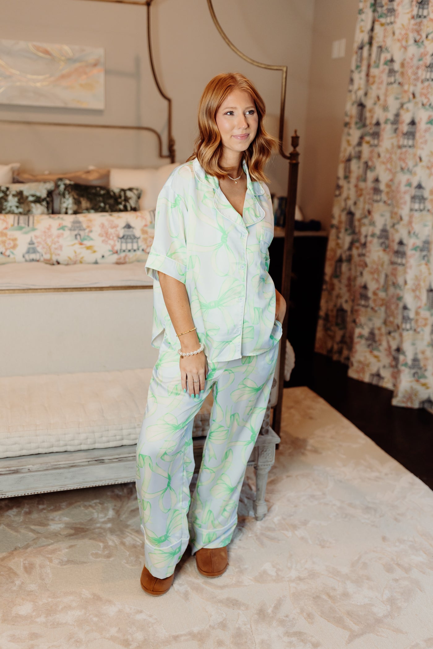 Light Blue Multi Bow Satin Button Down Pajama Set