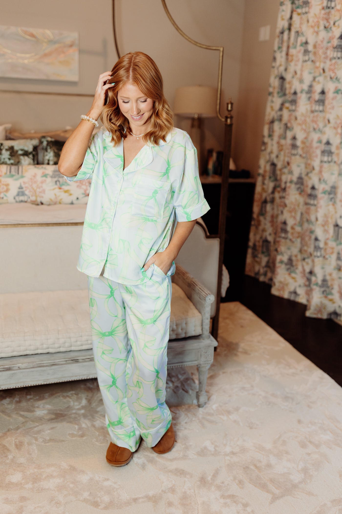 Light Blue Multi Bow Satin Button Down Pajama Set