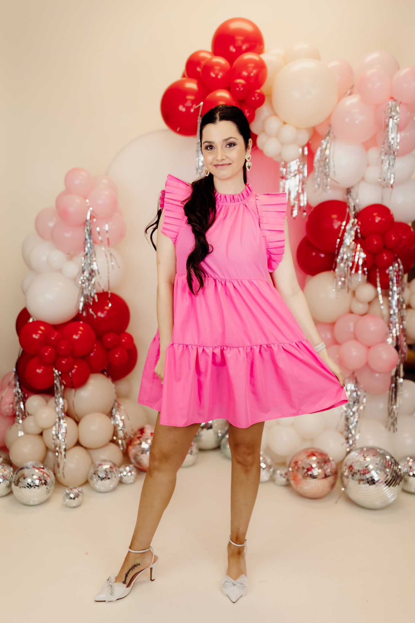 Pink High Neck Pleated Detail Mini Dress