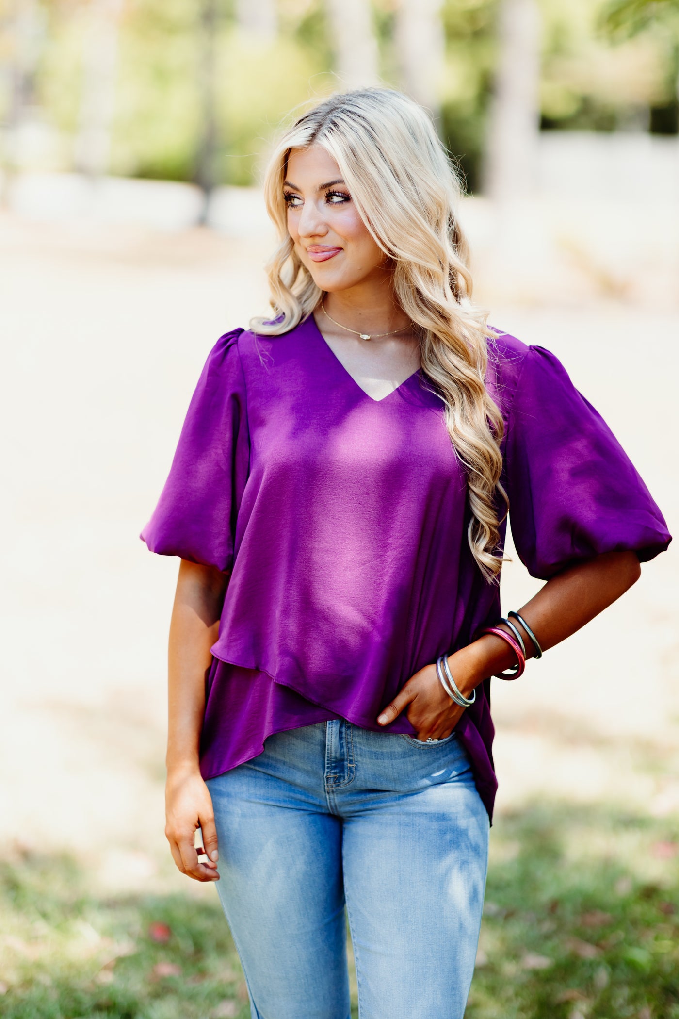 Plum Crossover Hem Puff Sleeve Blouse