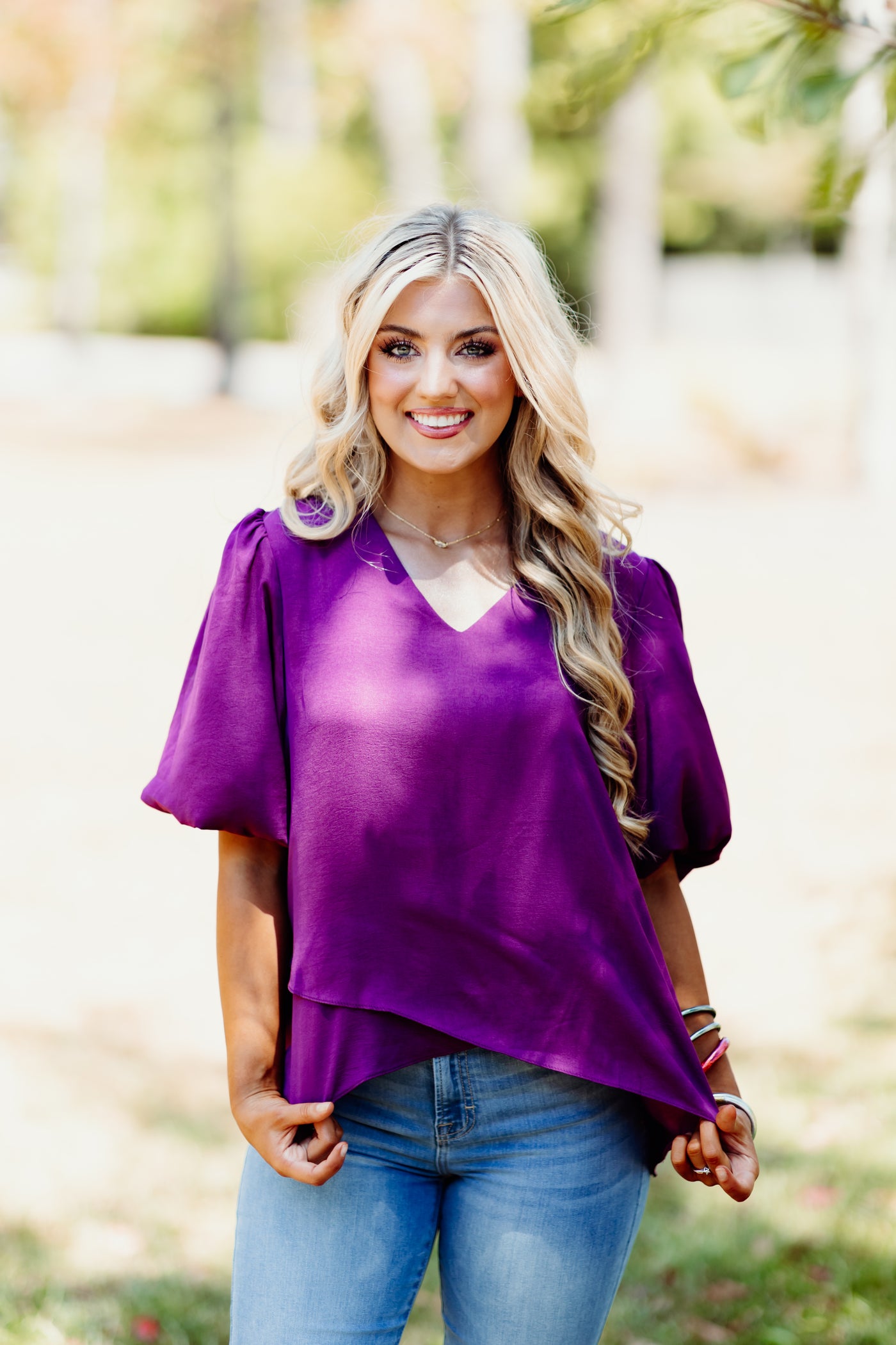 Plum Crossover Hem Puff Sleeve Blouse