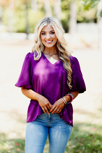 Plum Crossover Hem Puff Sleeve Blouse