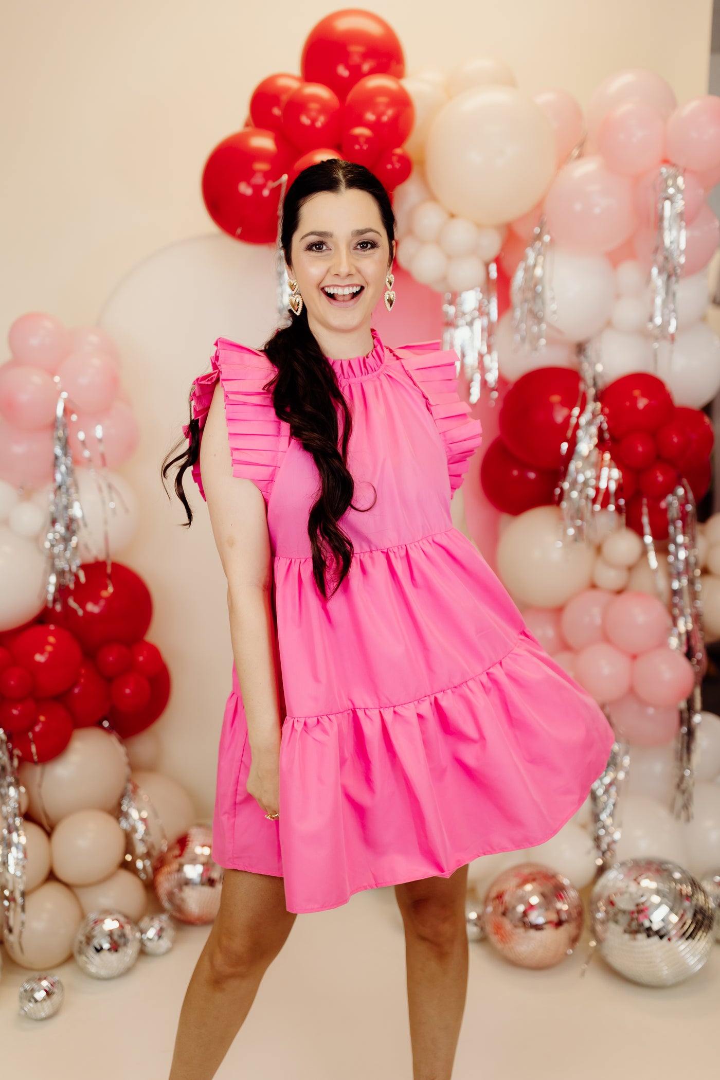 Pink High Neck Pleated Detail Mini Dress