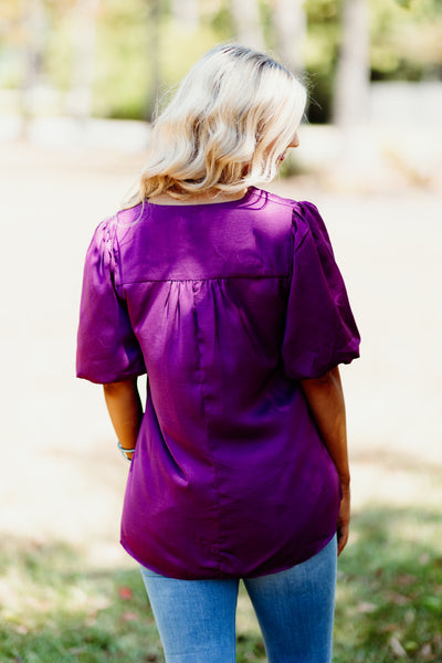 Plum Crossover Hem Puff Sleeve Blouse