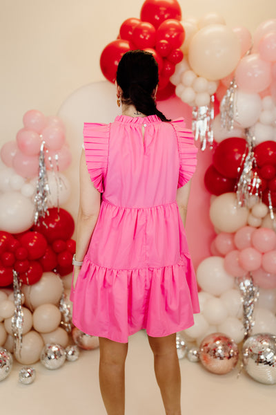 Pink High Neck Pleated Detail Mini Dress