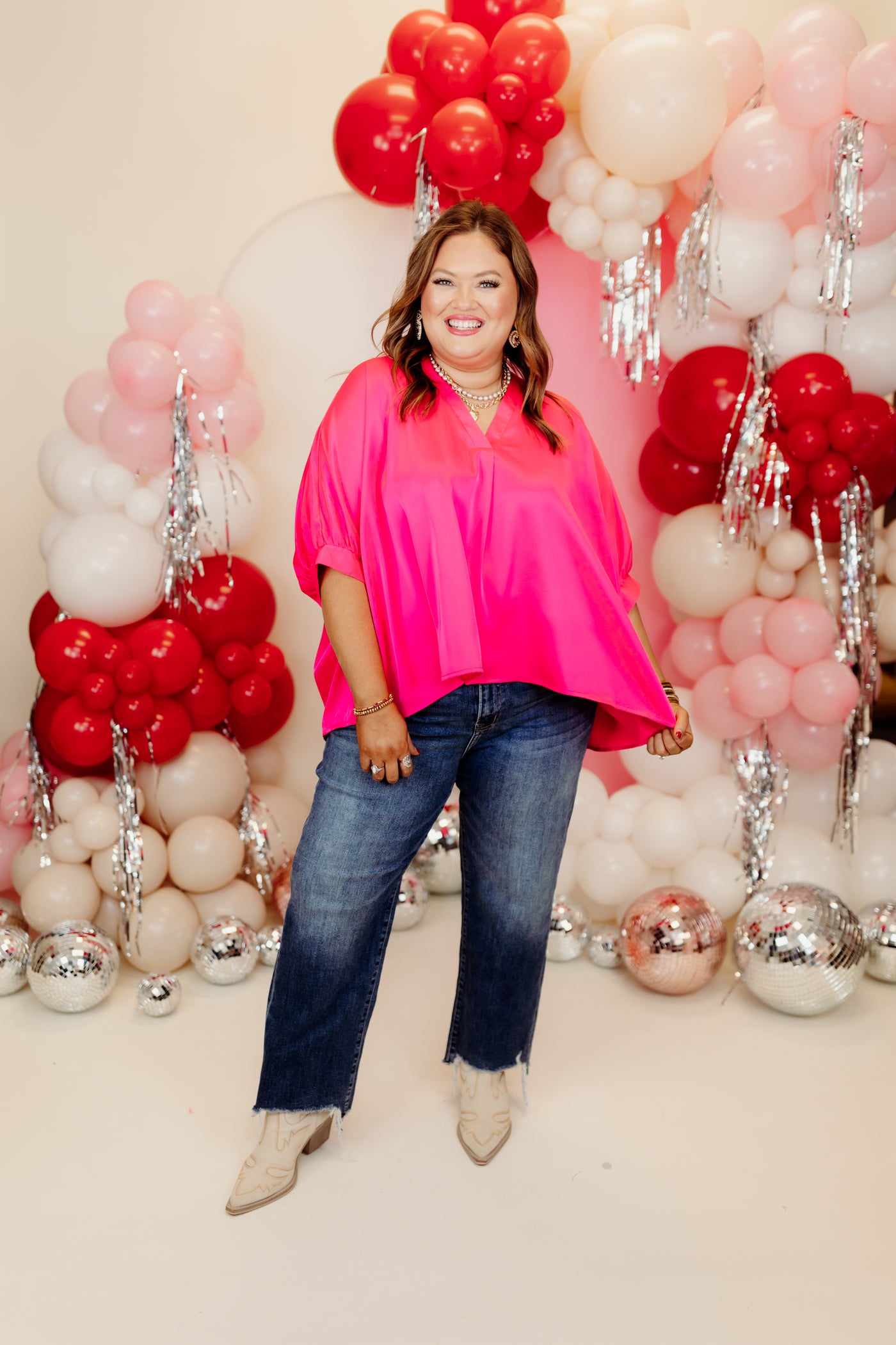 Hot Pink Satin Pleated V-Neck Blouse