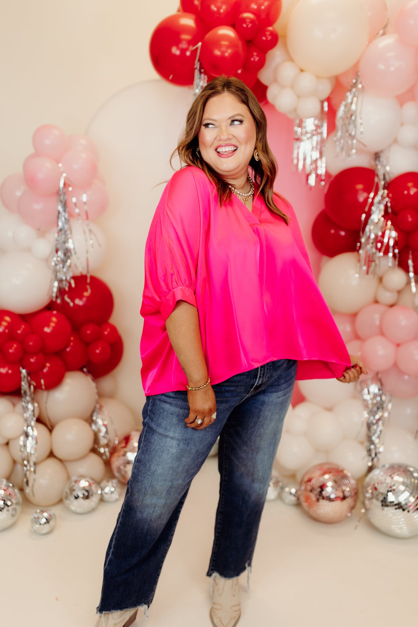 Hot Pink Satin Pleated V-Neck Blouse