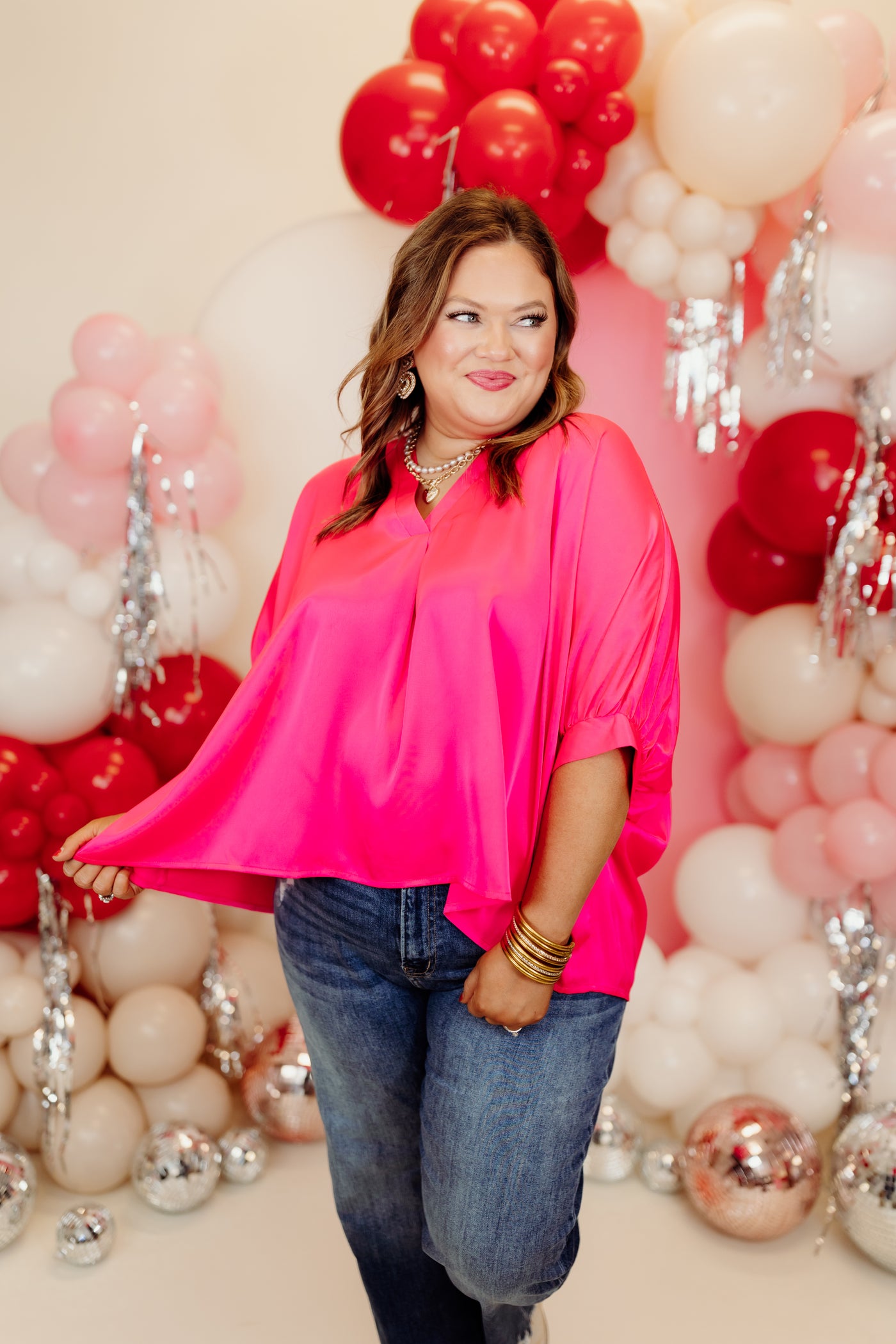 Hot Pink Satin Pleated V-Neck Blouse