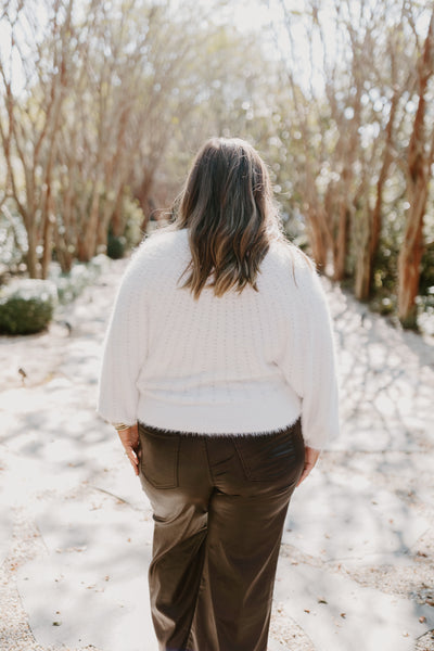 Molly Bracken White Crew Neck Fuzzy Sweater