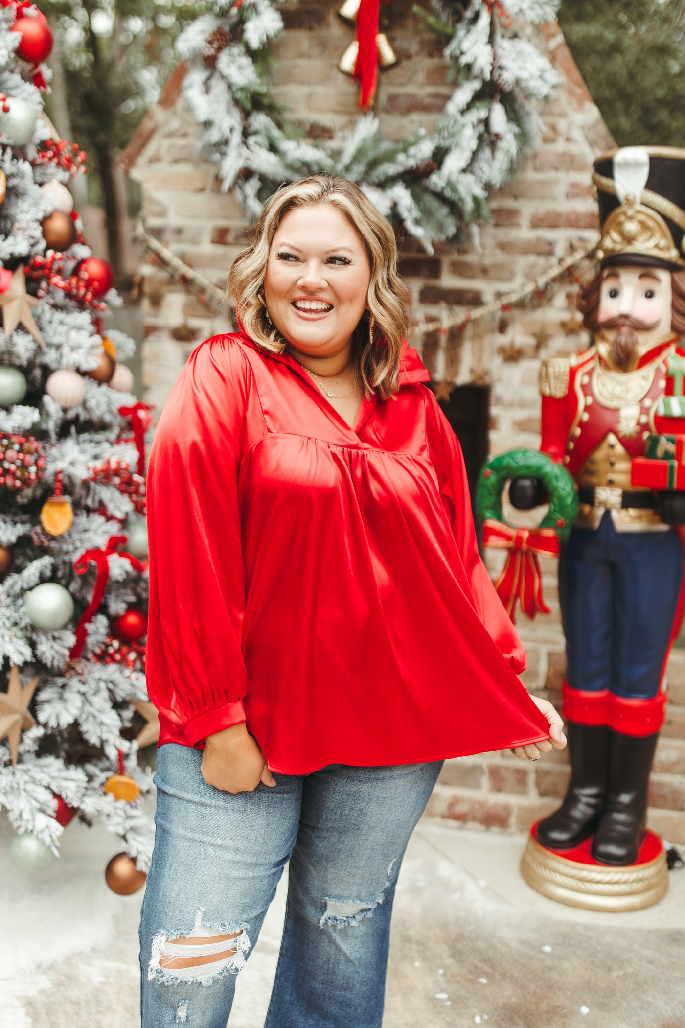 Adrienne Red Satin Ruffle Collar Balloon Sleeve Blouse