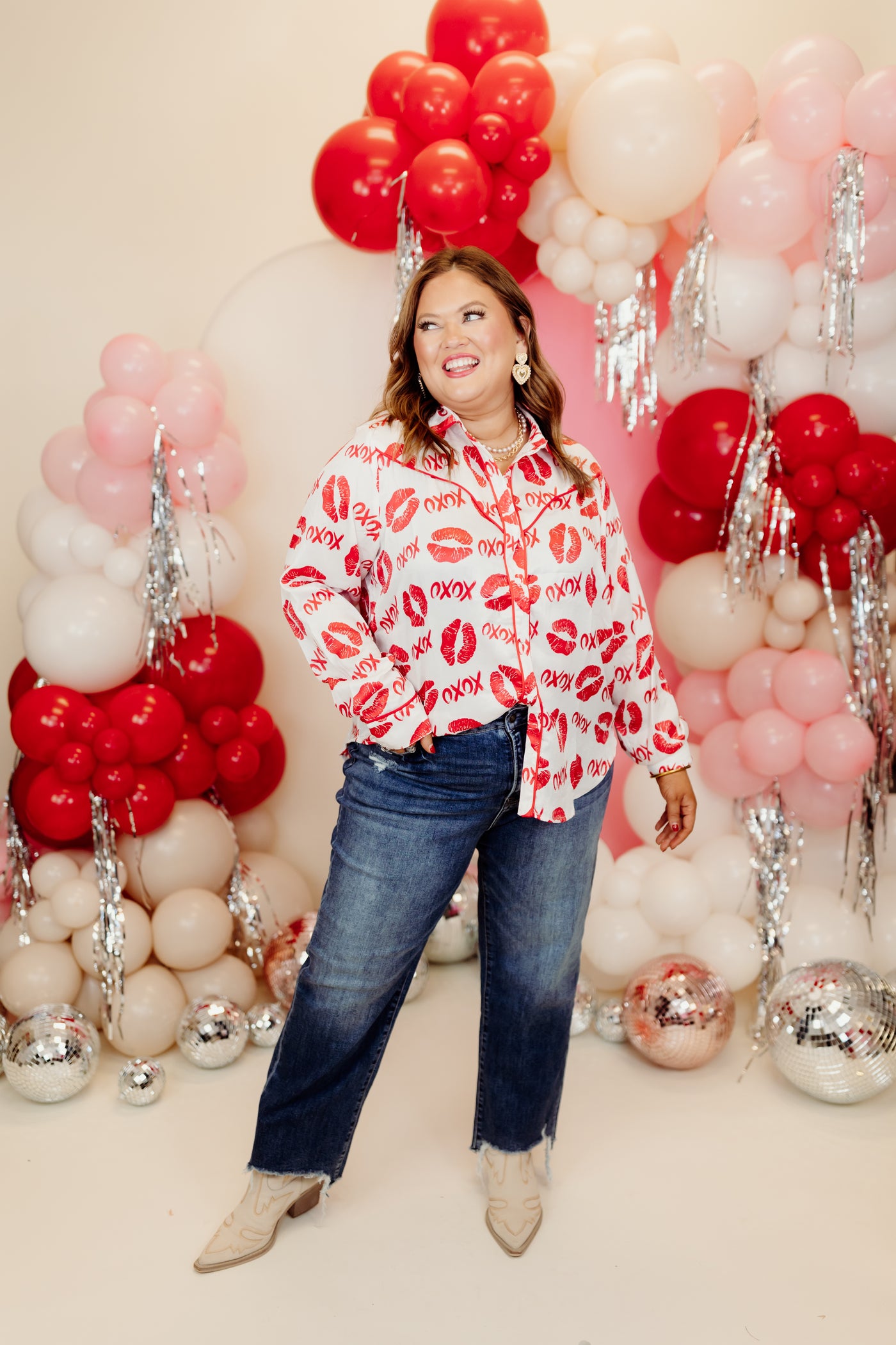 White and Red Satin XOXO Button Up Blouse