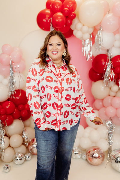 White and Red Satin XOXO Button Up Blouse