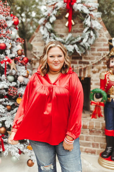 Adrienne Red Satin Ruffle Collar Balloon Sleeve Blouse