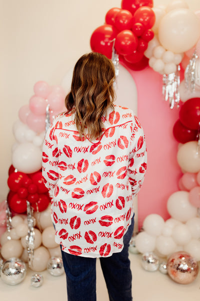 White and Red Satin XOXO Button Up Blouse