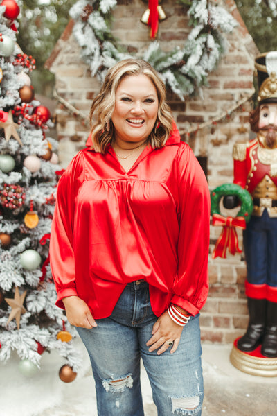 Adrienne Red Satin Ruffle Collar Balloon Sleeve Blouse