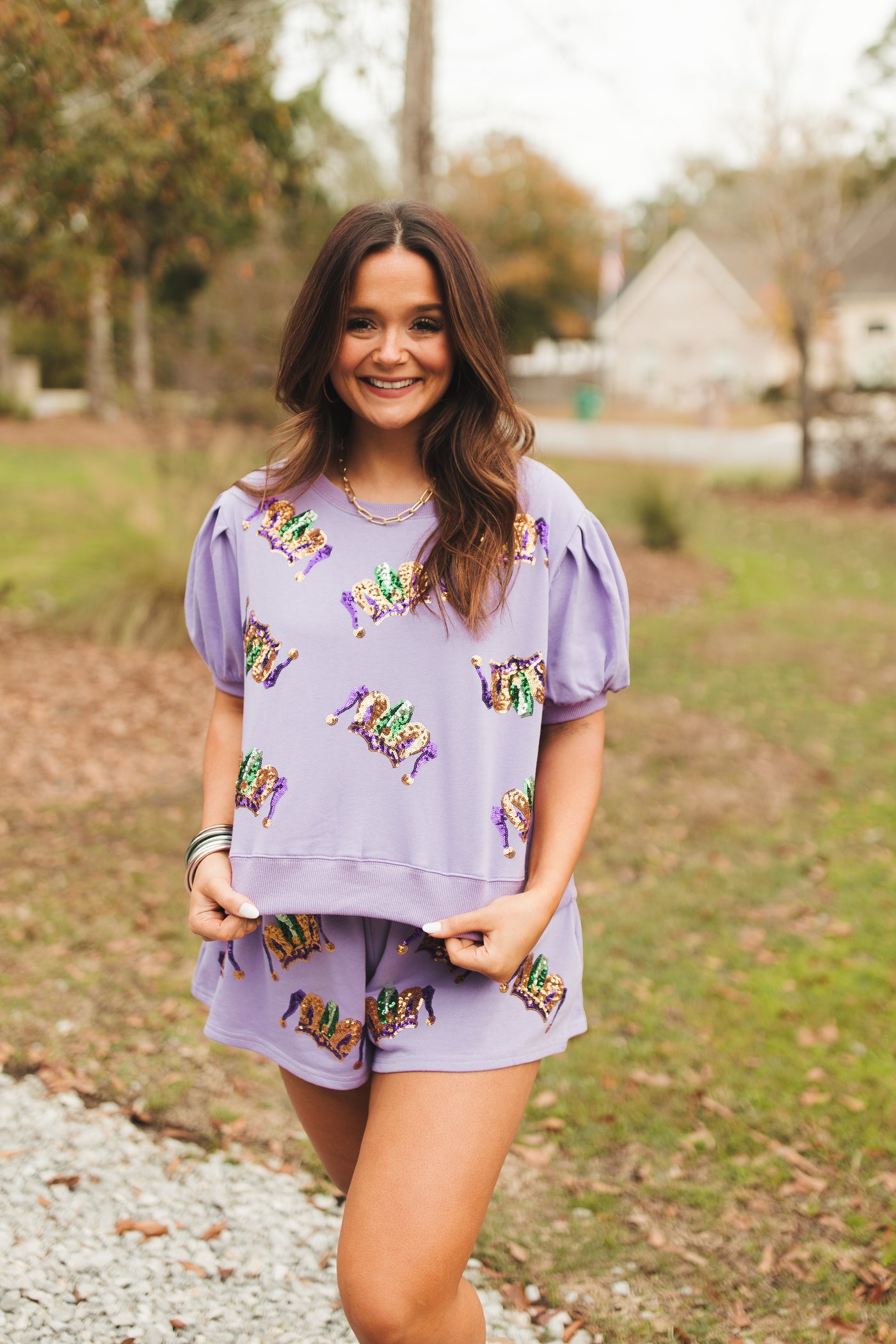 Light Purple Mardi Gras Sequin Jester Hat Crop Top and Short Set