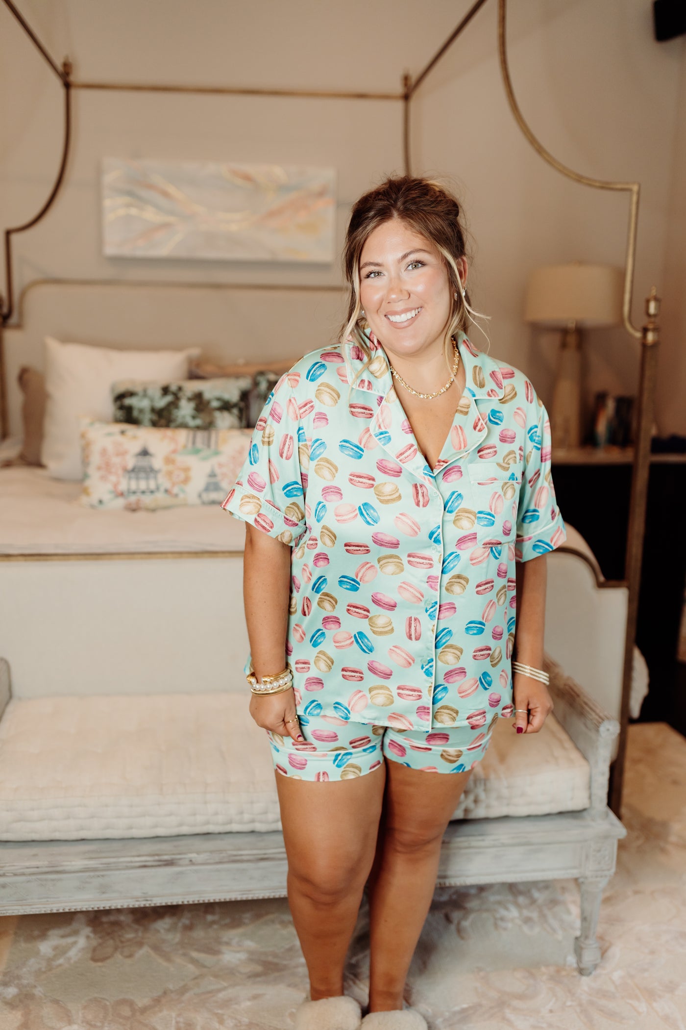 Seafoam Multi Macarons Satin Pajama Set