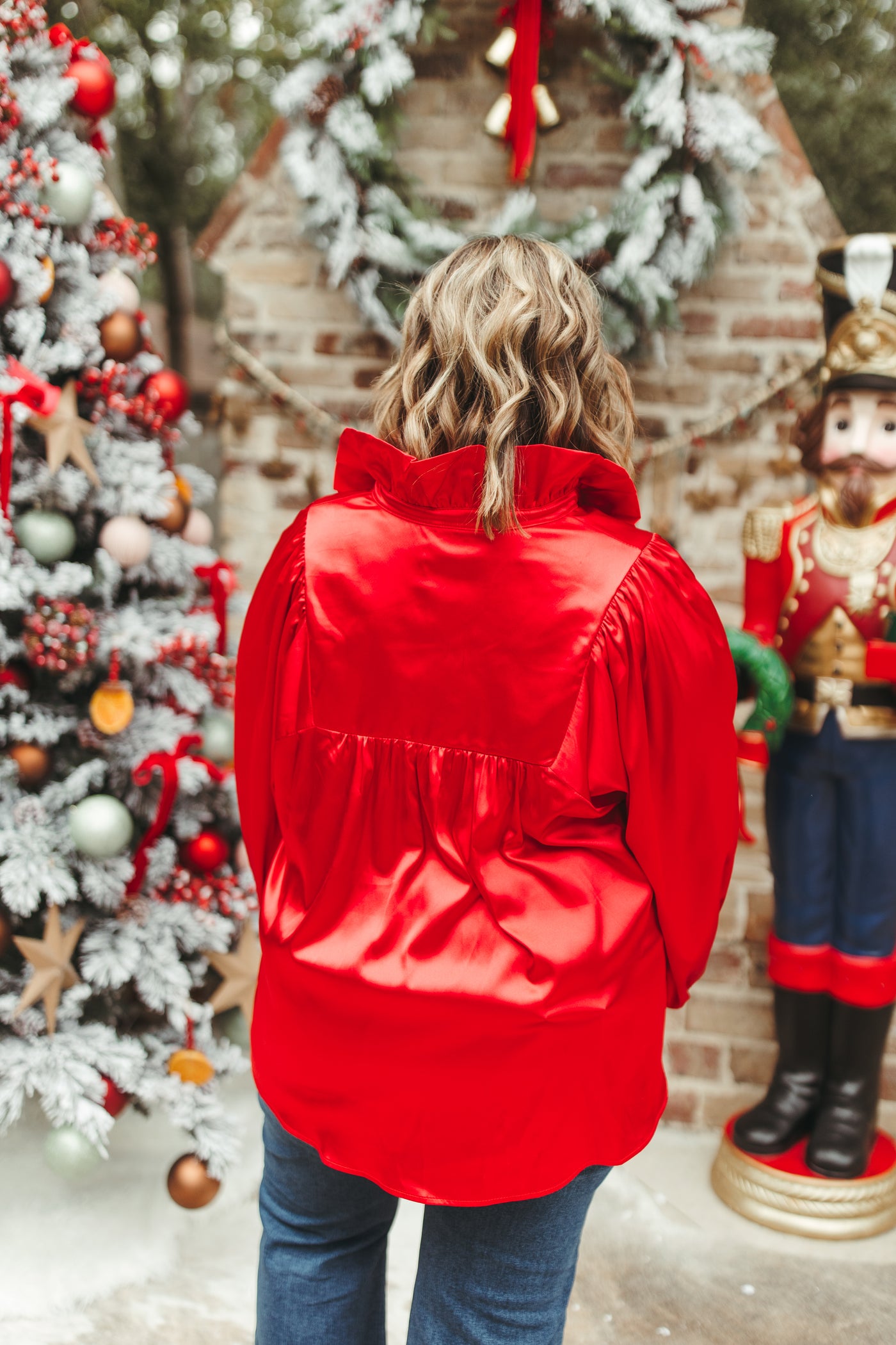 Adrienne Red Satin Ruffle Collar Balloon Sleeve Blouse