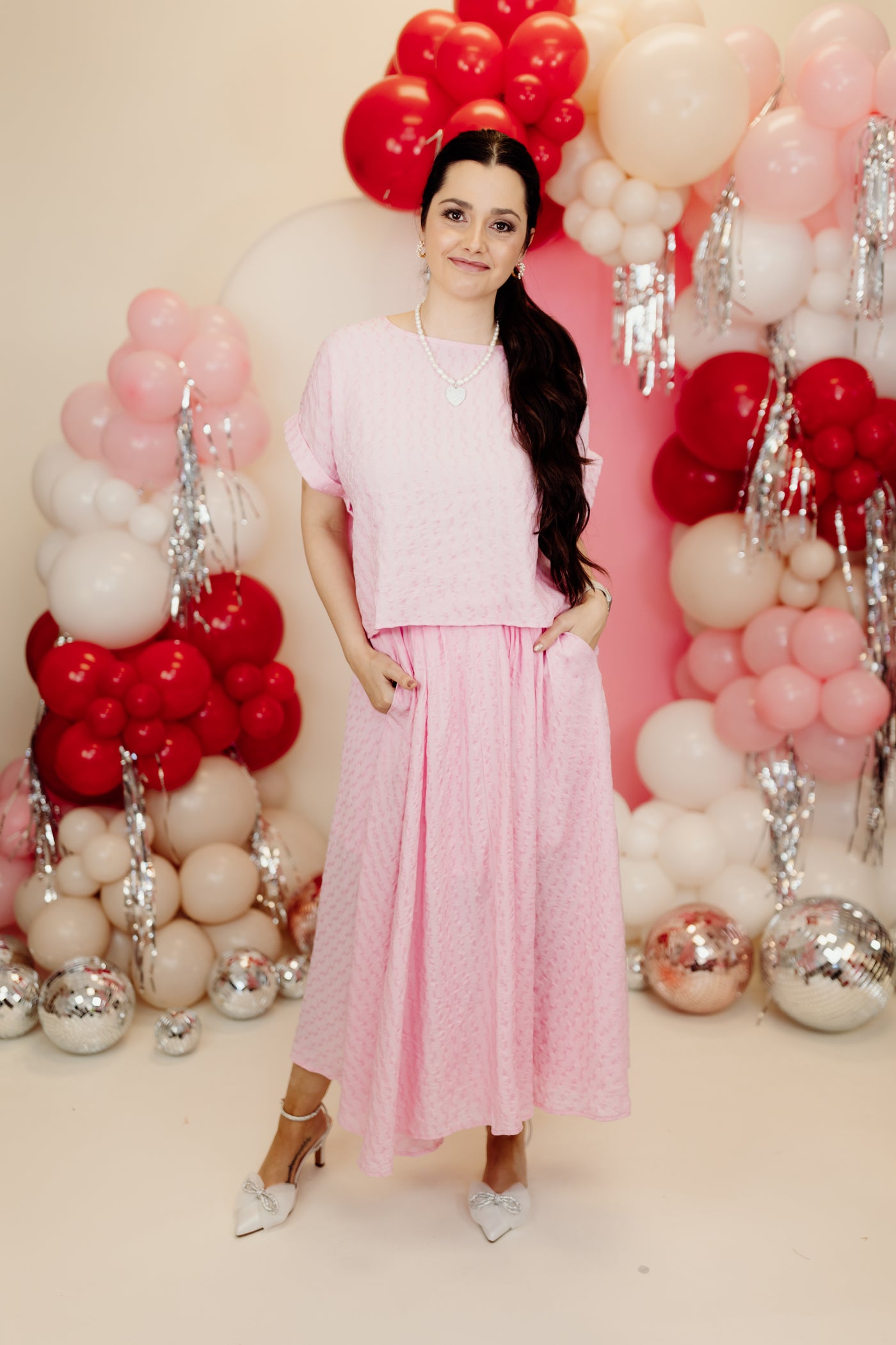 Pink Textured Short Sleeve Top and Maxi Skirt Set