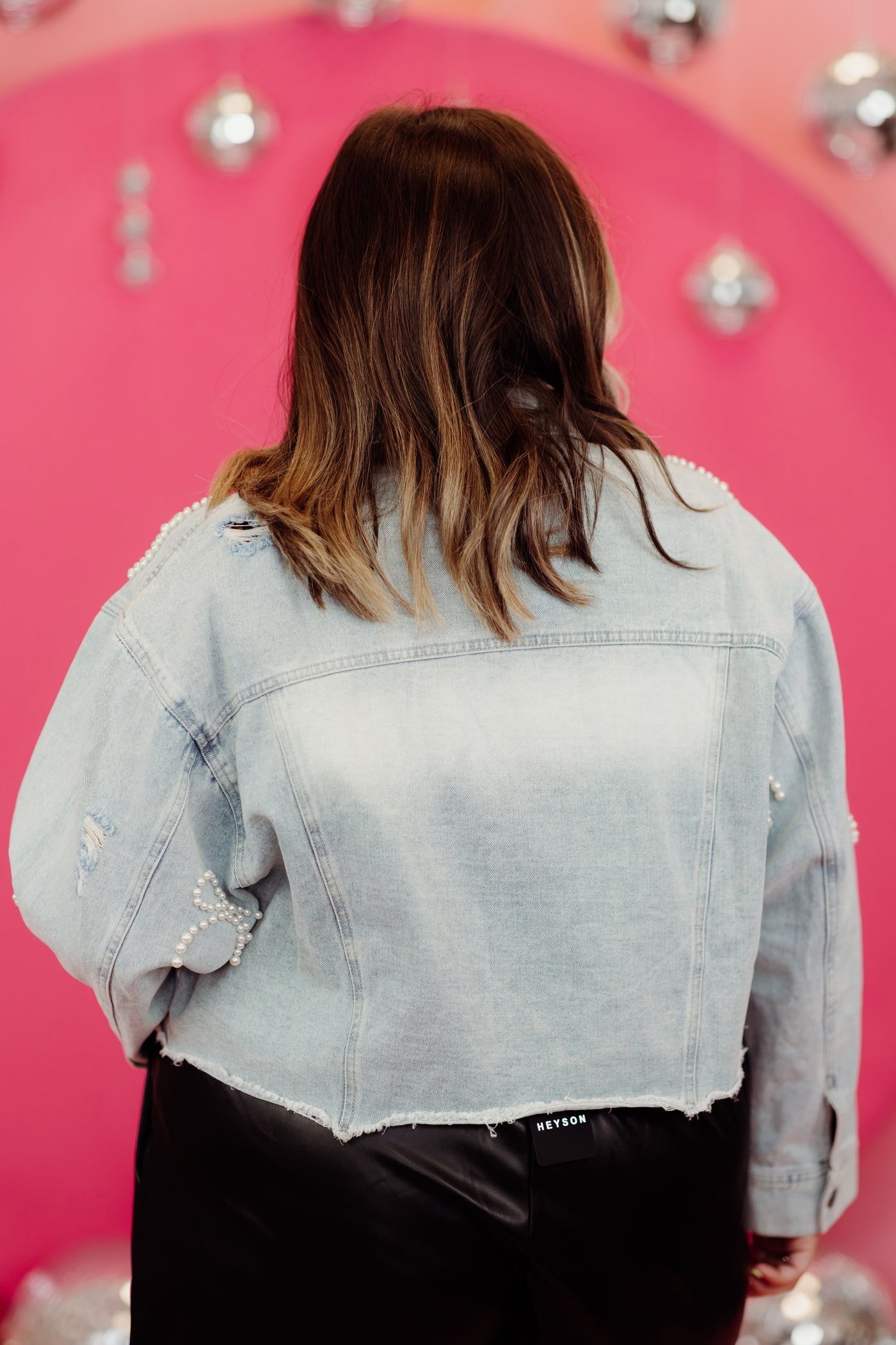 Light Washed Pearl Embellished Bow Denim Jacket