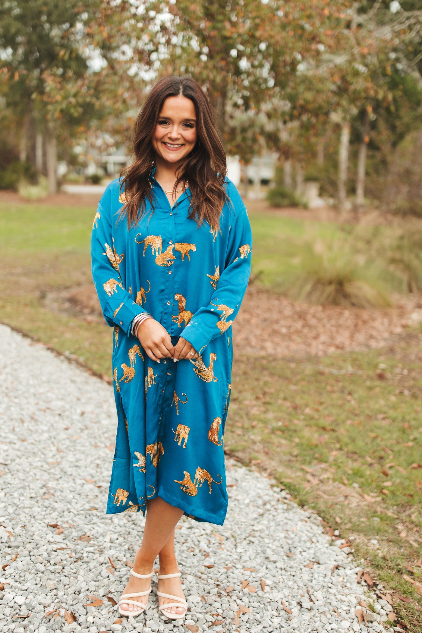 Teal Animal Print Button Down Midi Dress