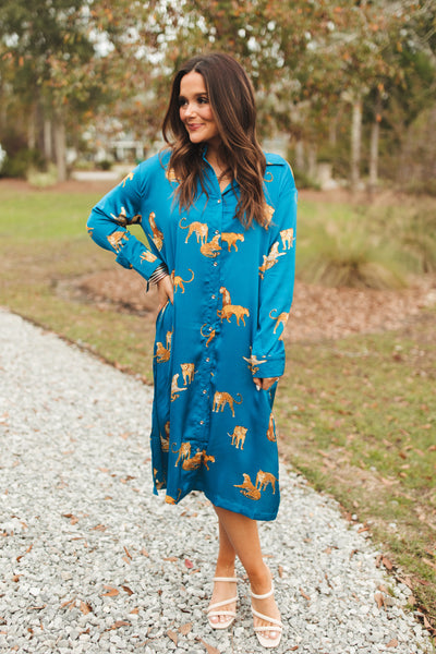 Teal Animal Print Button Down Midi Dress