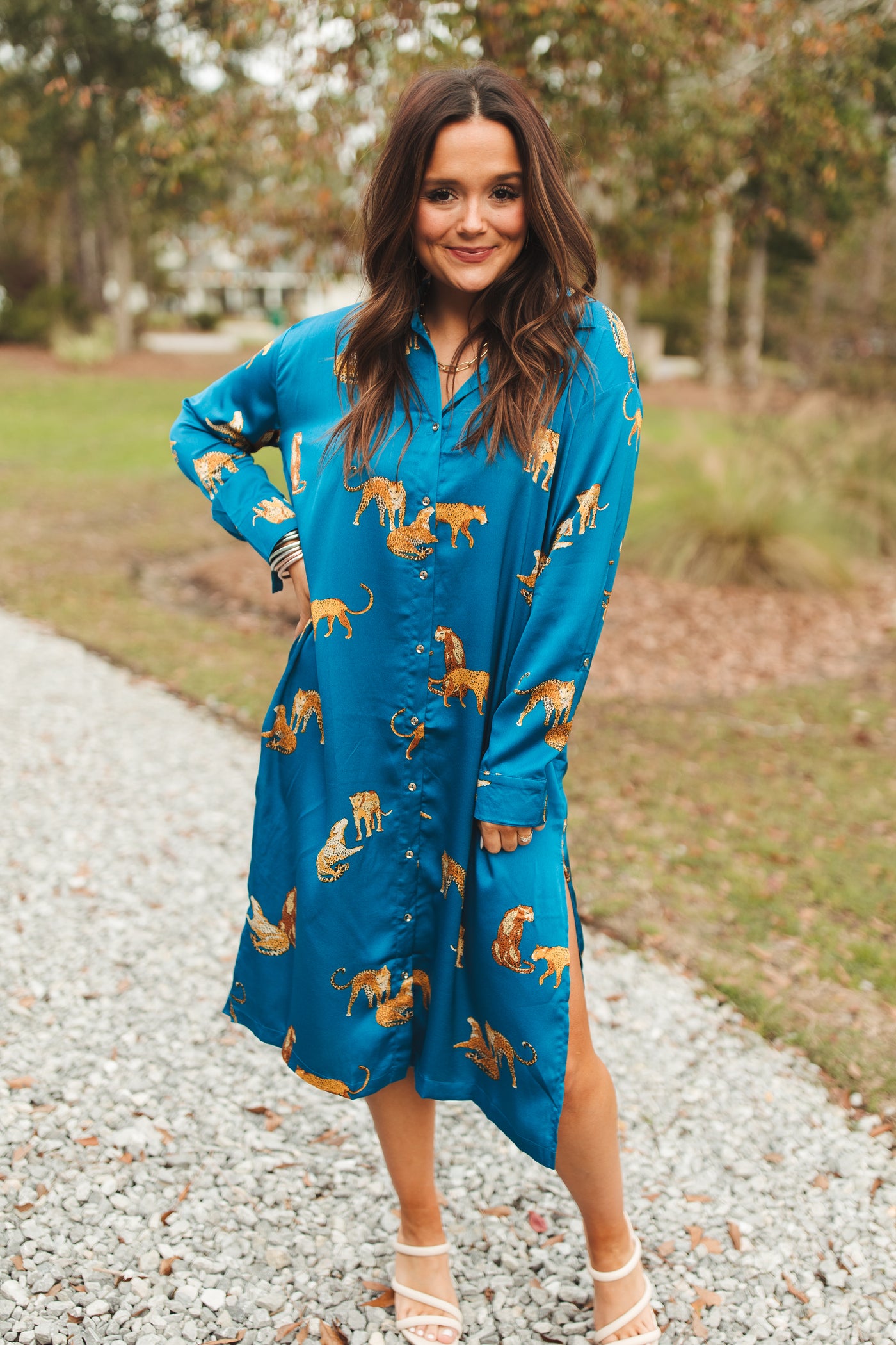 Teal Animal Print Button Down Midi Dress