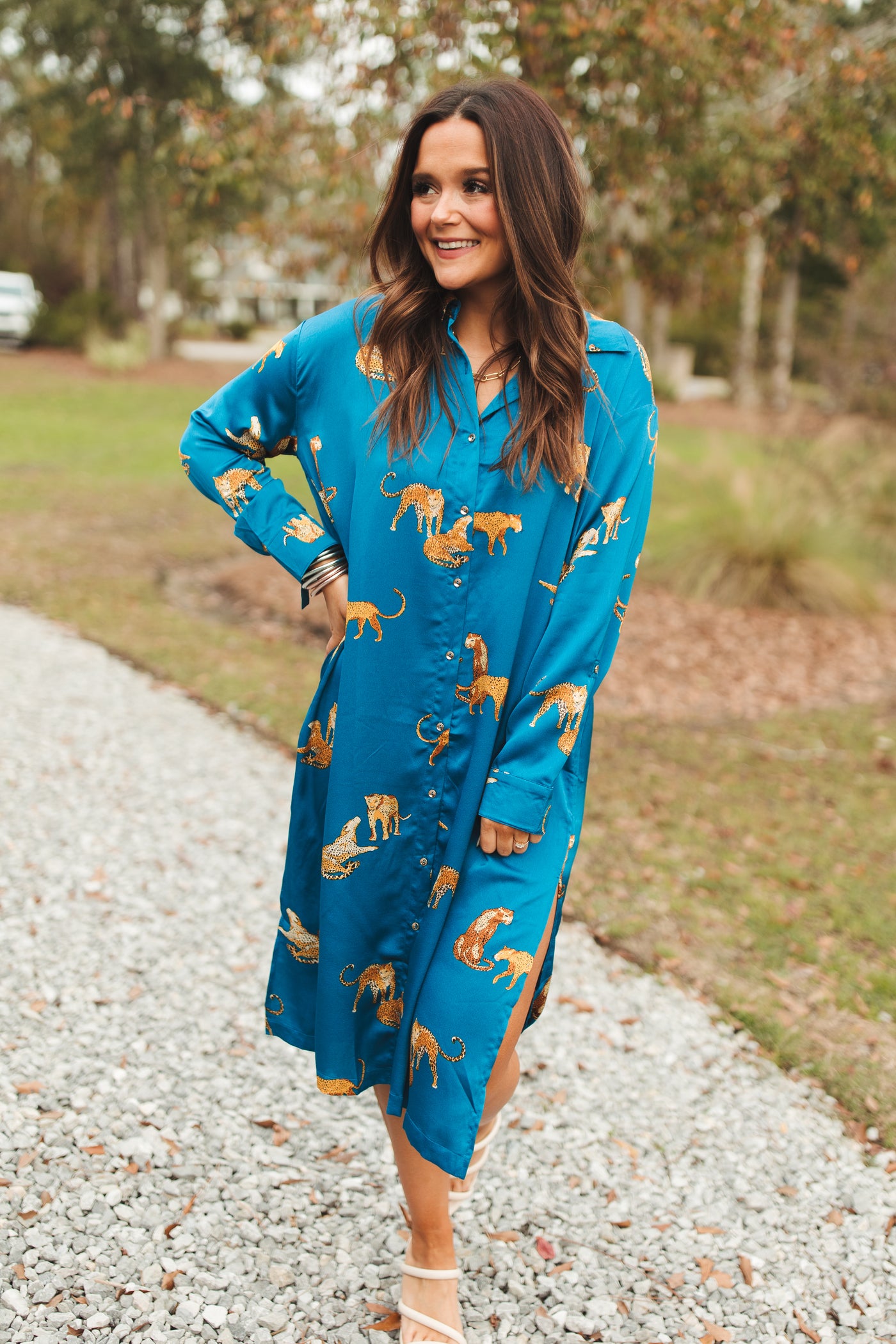 Teal Animal Print Button Down Midi Dress