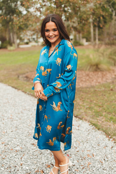 Teal Animal Print Button Down Midi Dress