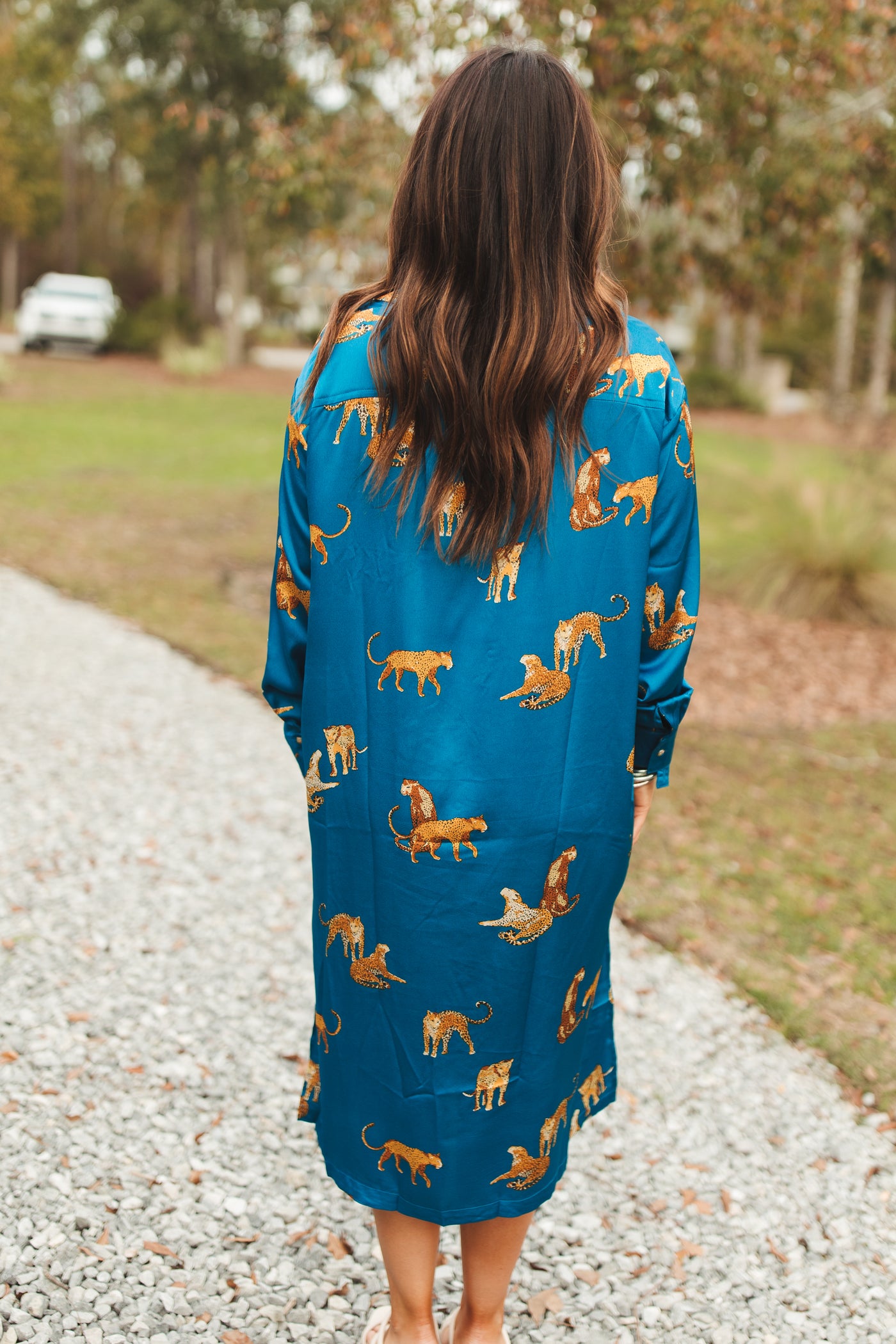 Teal Animal Print Button Down Midi Dress