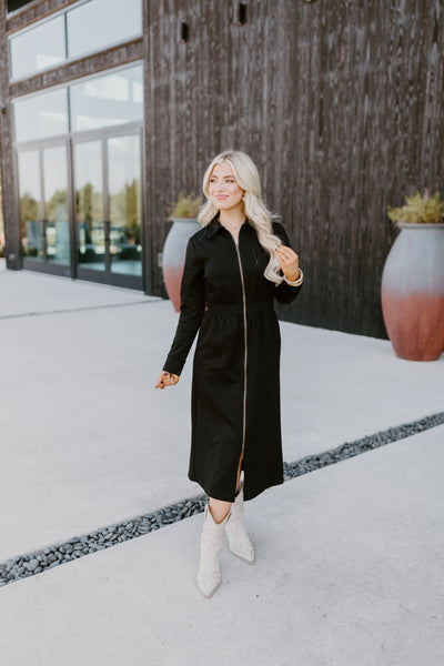 Black Long Sleeve Collared Zipper Midi Dress