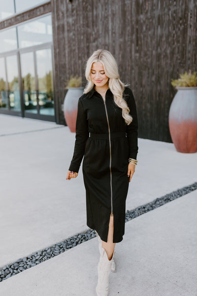 Black Long Sleeve Collared Zipper Midi Dress