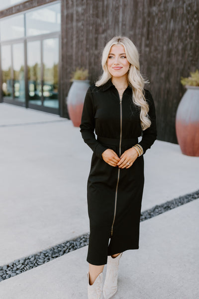 Black Long Sleeve Collared Zipper Midi Dress