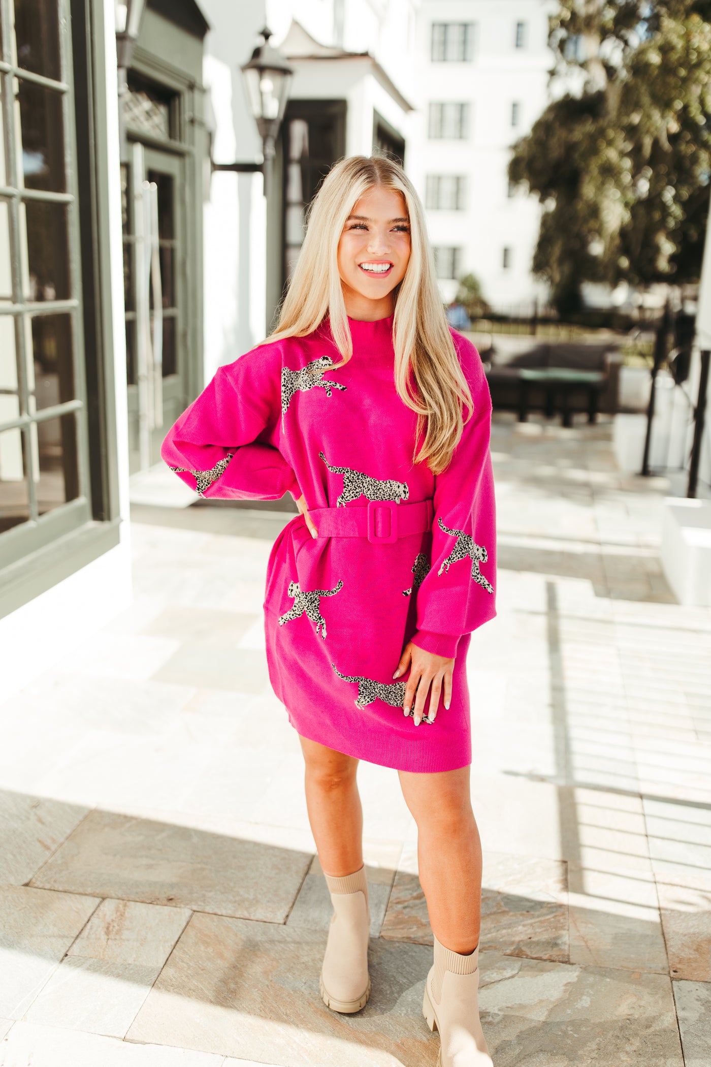 Hot Pink Jaguar Mock Neck Belted Sweater Dress