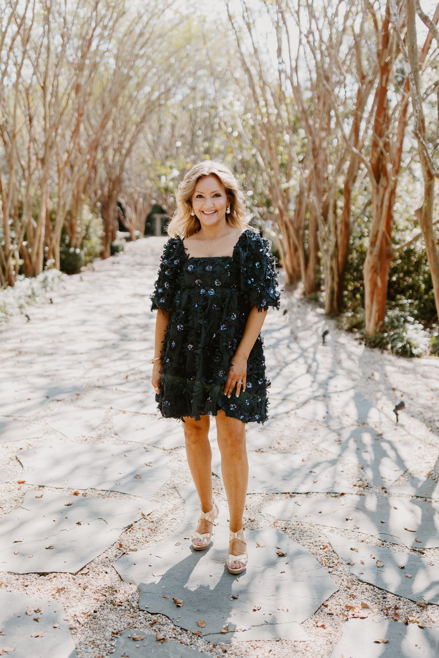 Black Sequin Flower Babydoll Dress