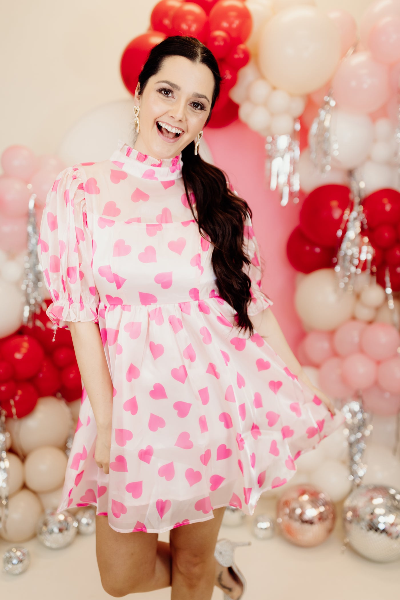 Pink Multi Hearts Print Organza Dress