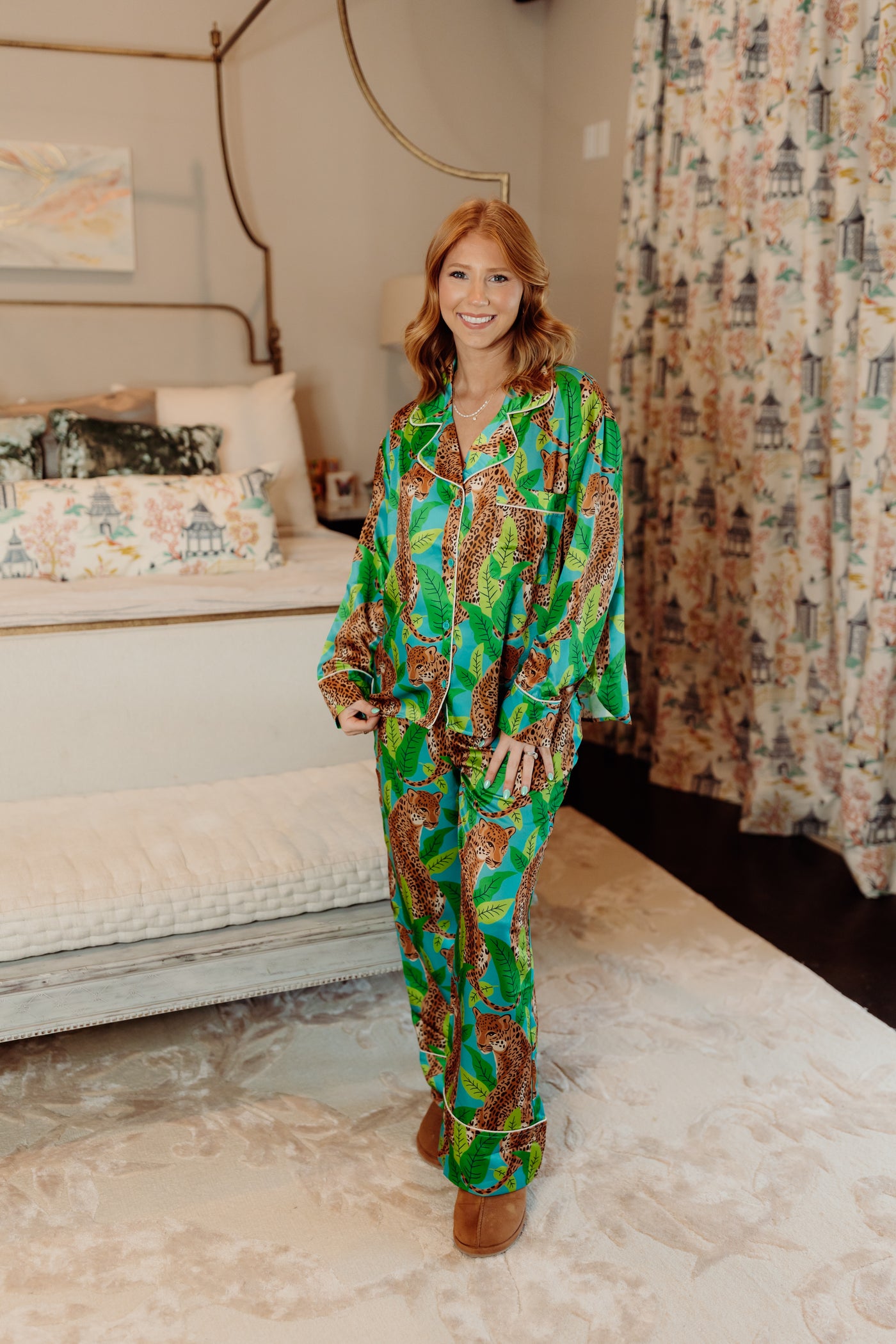 Teal Multi Satin Cheetah Pajama Set