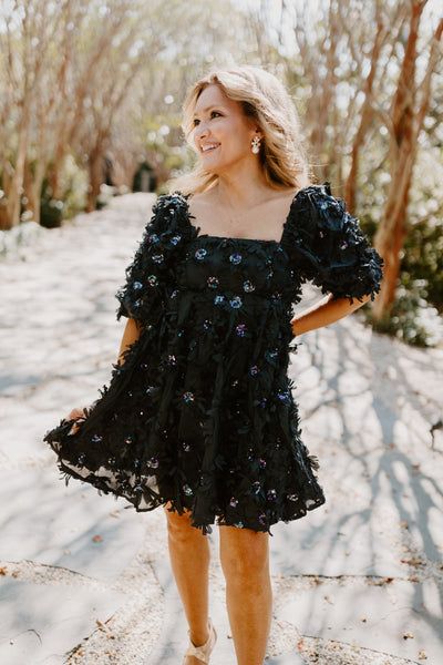 Black Sequin Flower Babydoll Dress