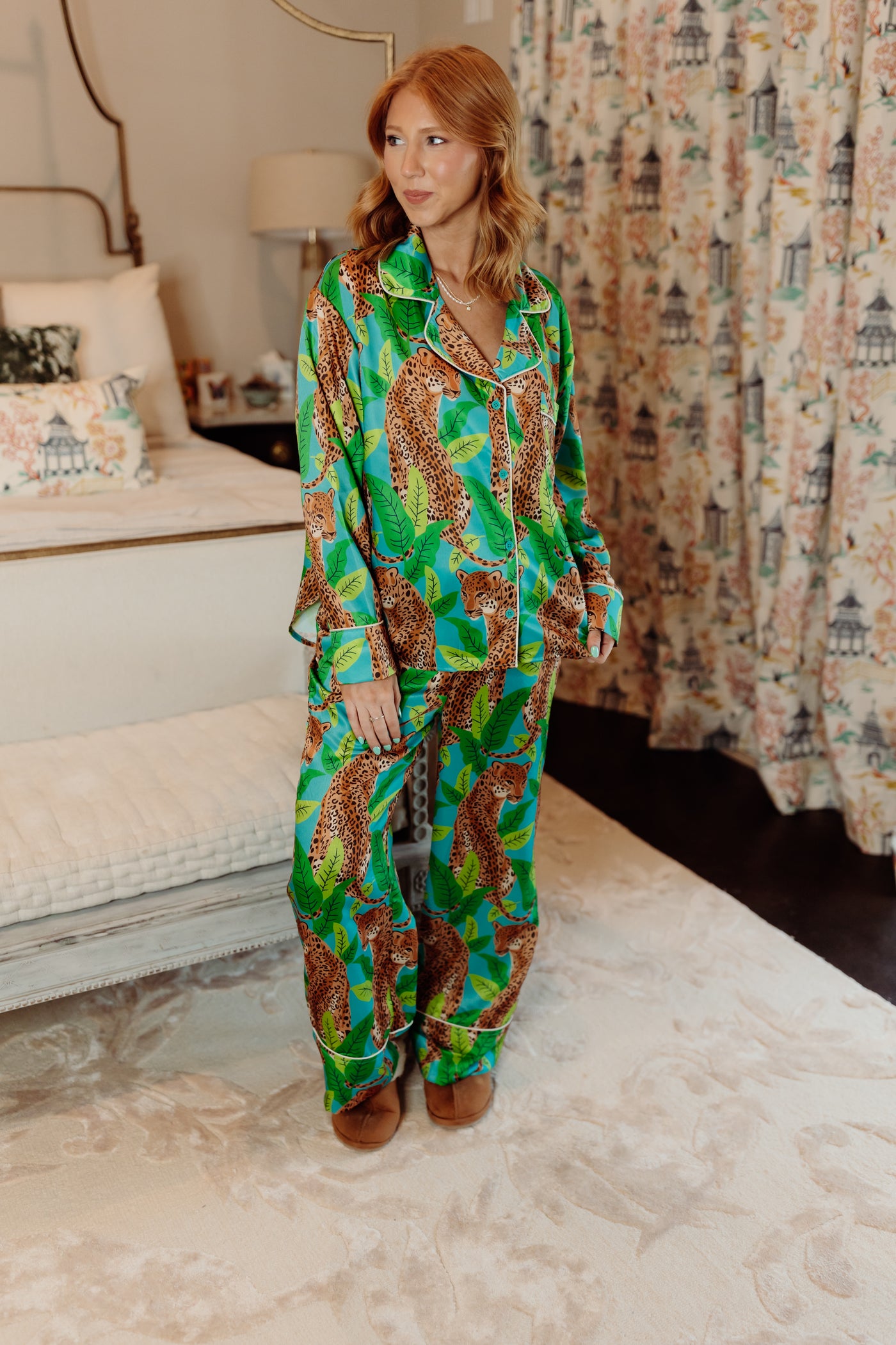 Teal Multi Satin Cheetah Pajama Set