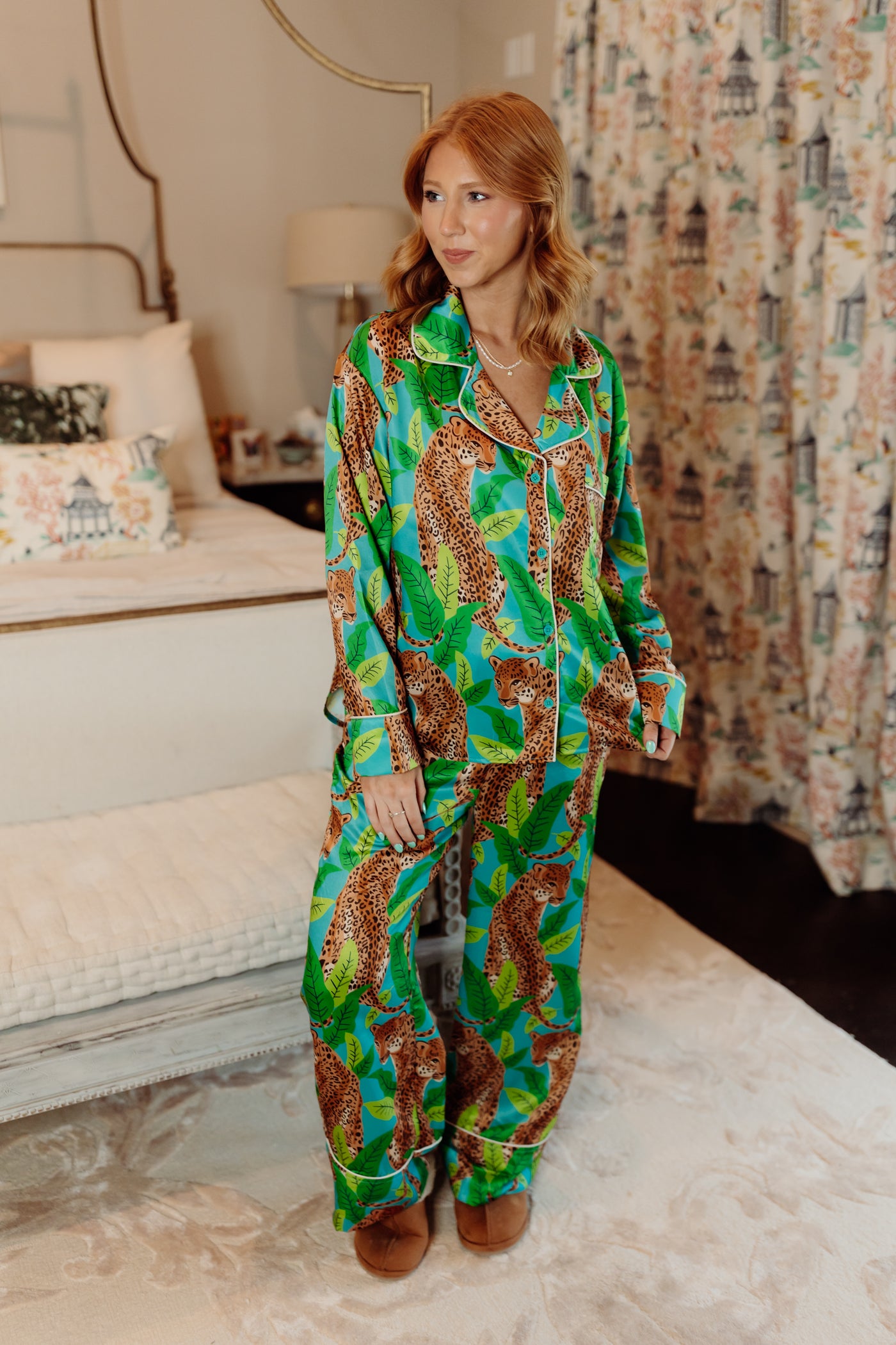 Teal Multi Satin Cheetah Pajama Set