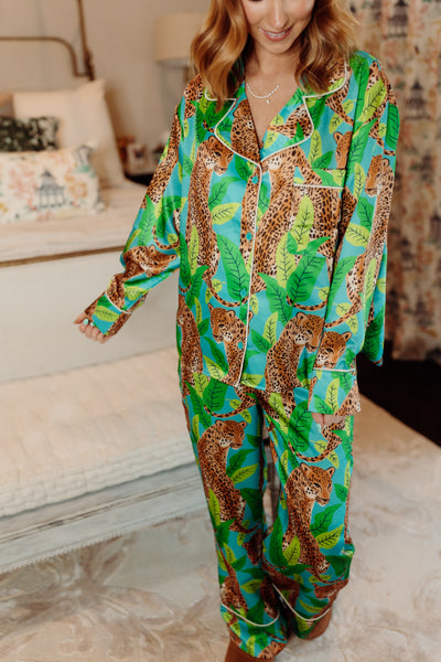 Teal Multi Satin Cheetah Pajama Set