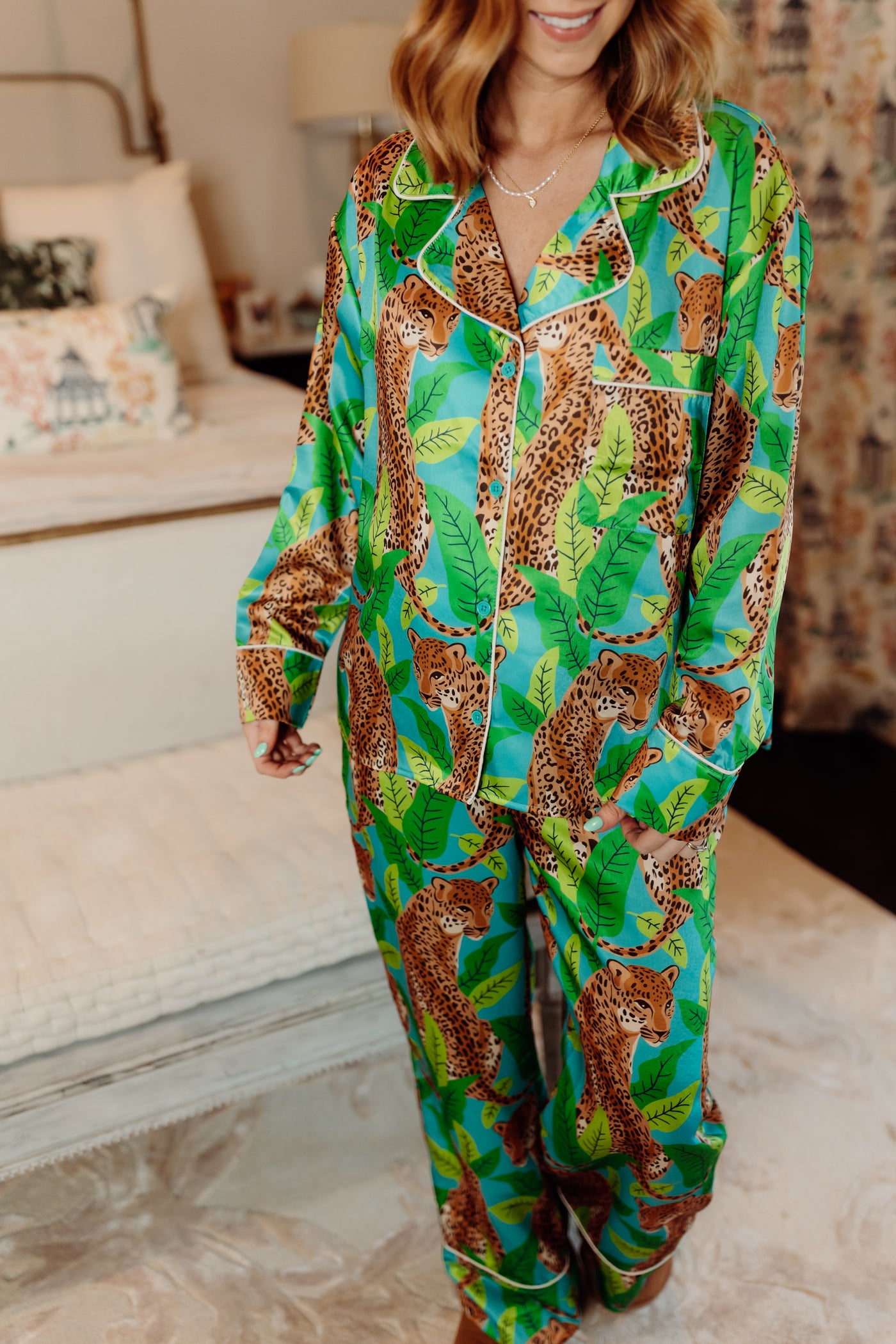 Teal Multi Satin Cheetah Pajama Set