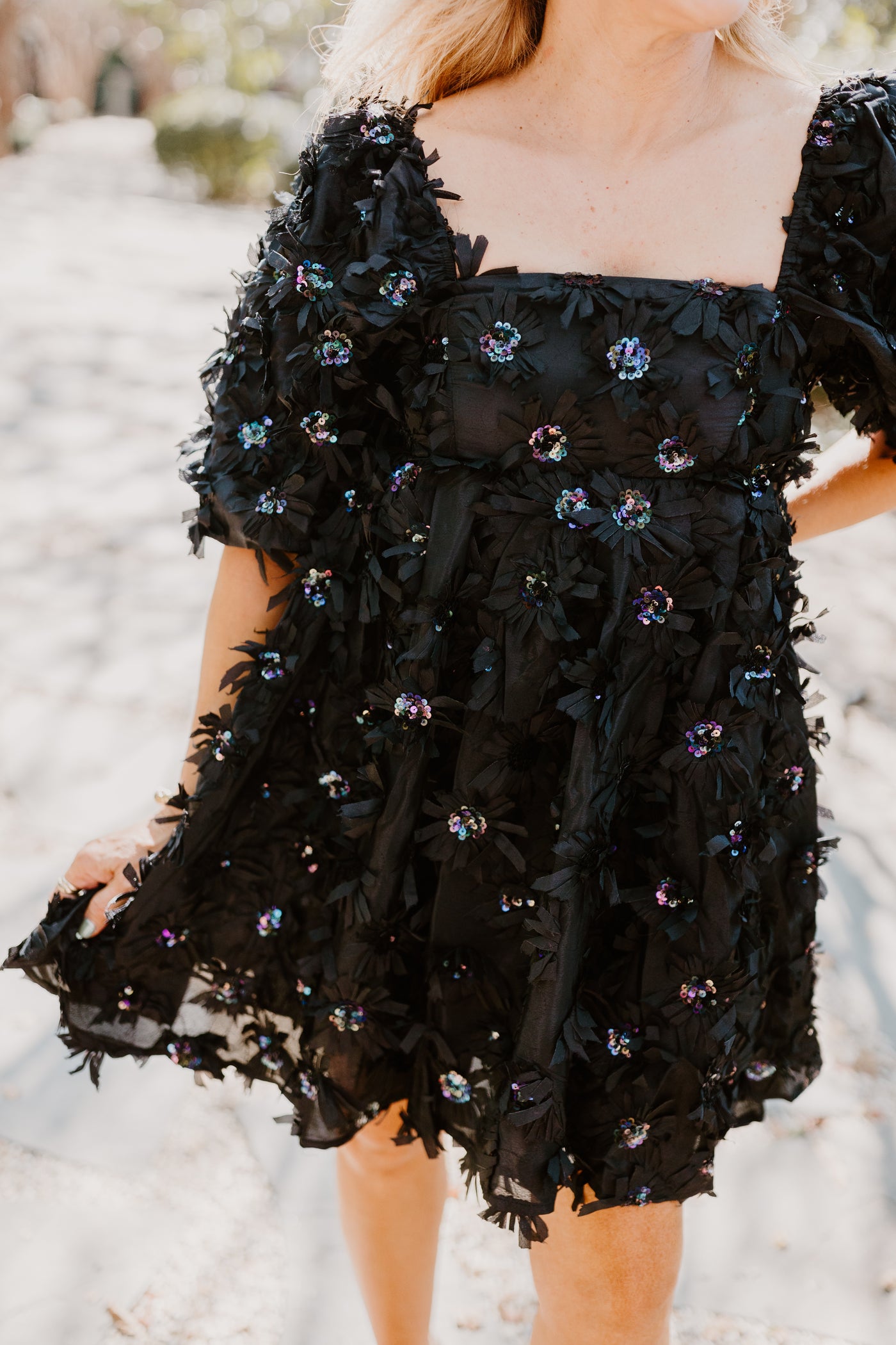 Black Sequin Flower Babydoll Dress