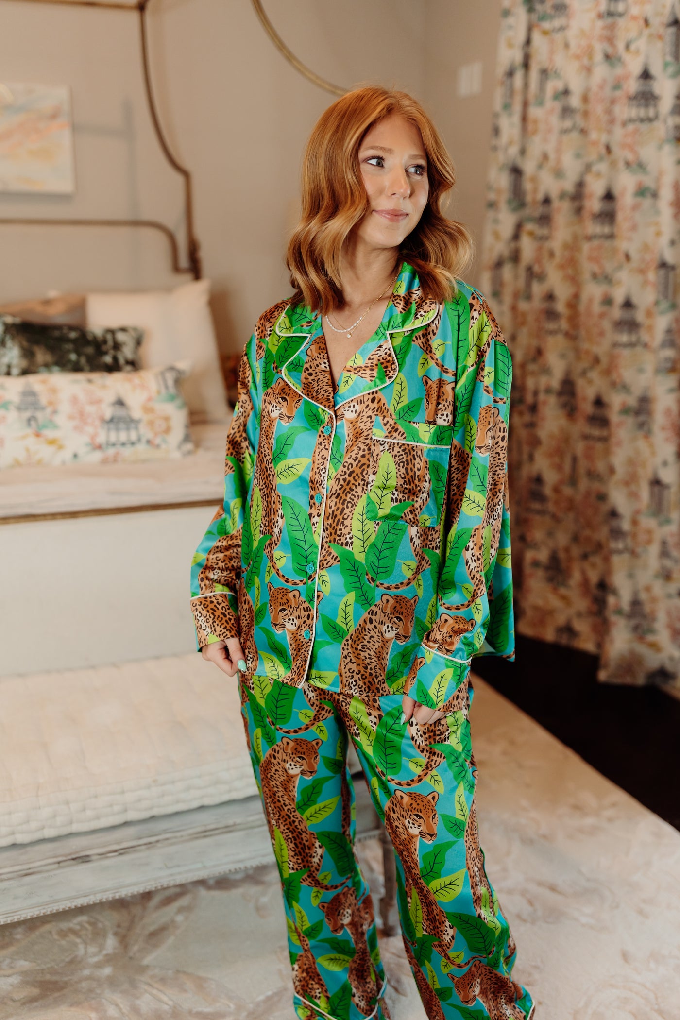 Teal Multi Satin Cheetah Pajama Set