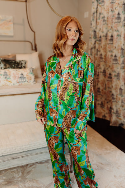 Teal Multi Satin Cheetah Pajama Set