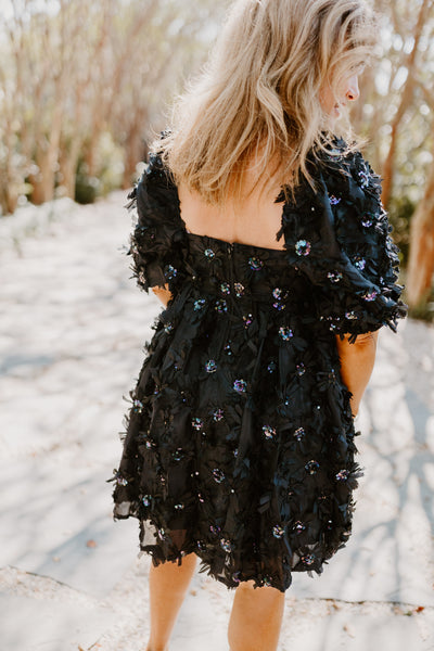 Black Sequin Flower Babydoll Dress