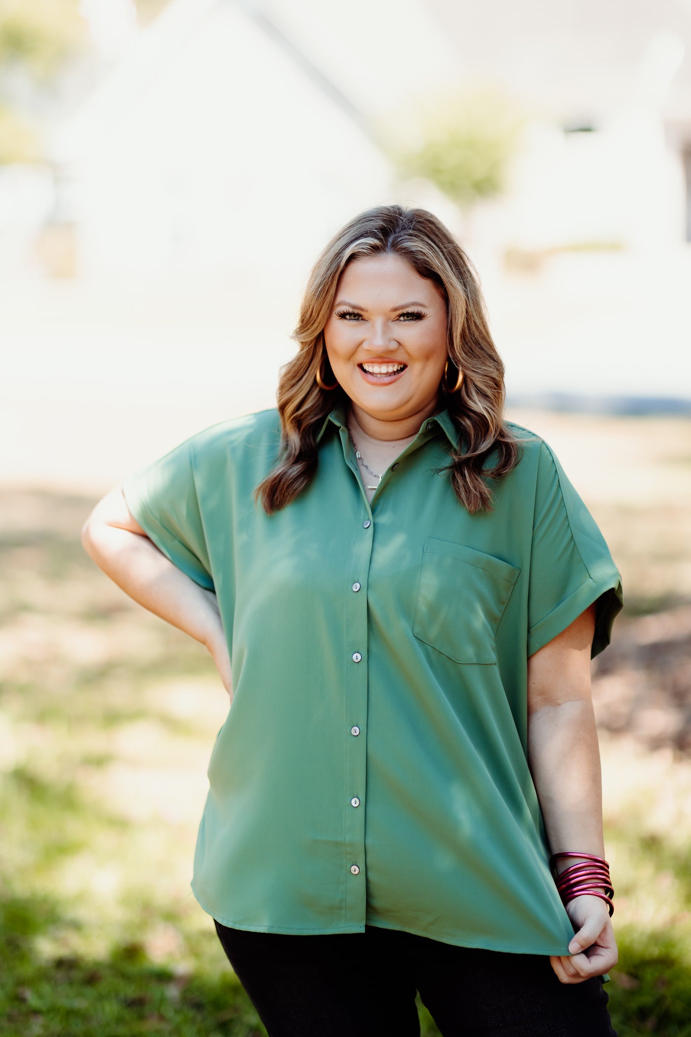 Artichoke Button Down Collared Pocket Blouse